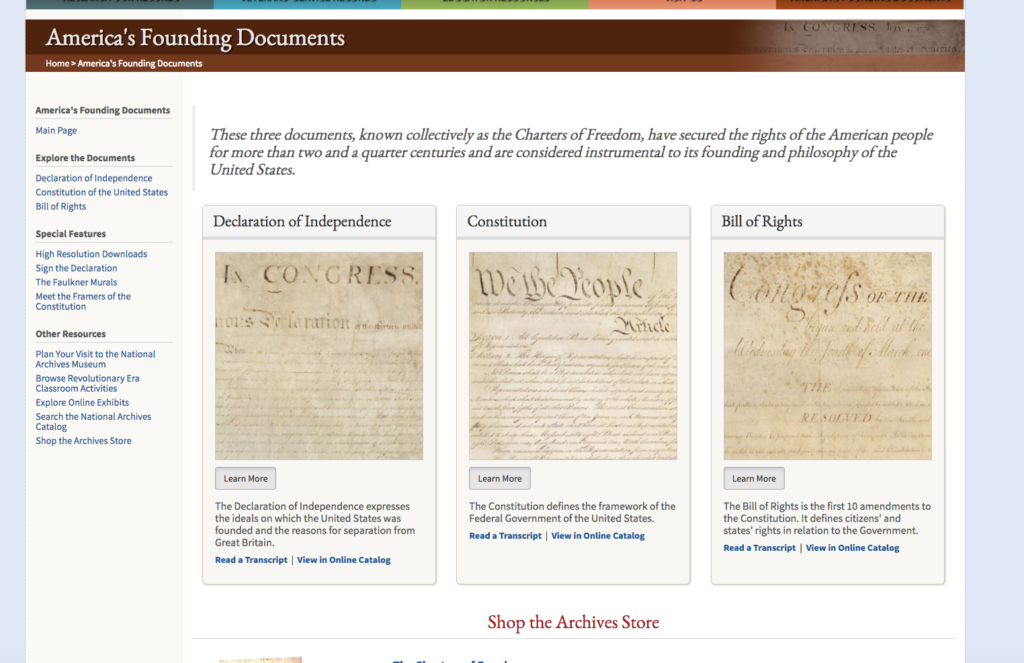 National Archives, "America's Founding Documents" webpage