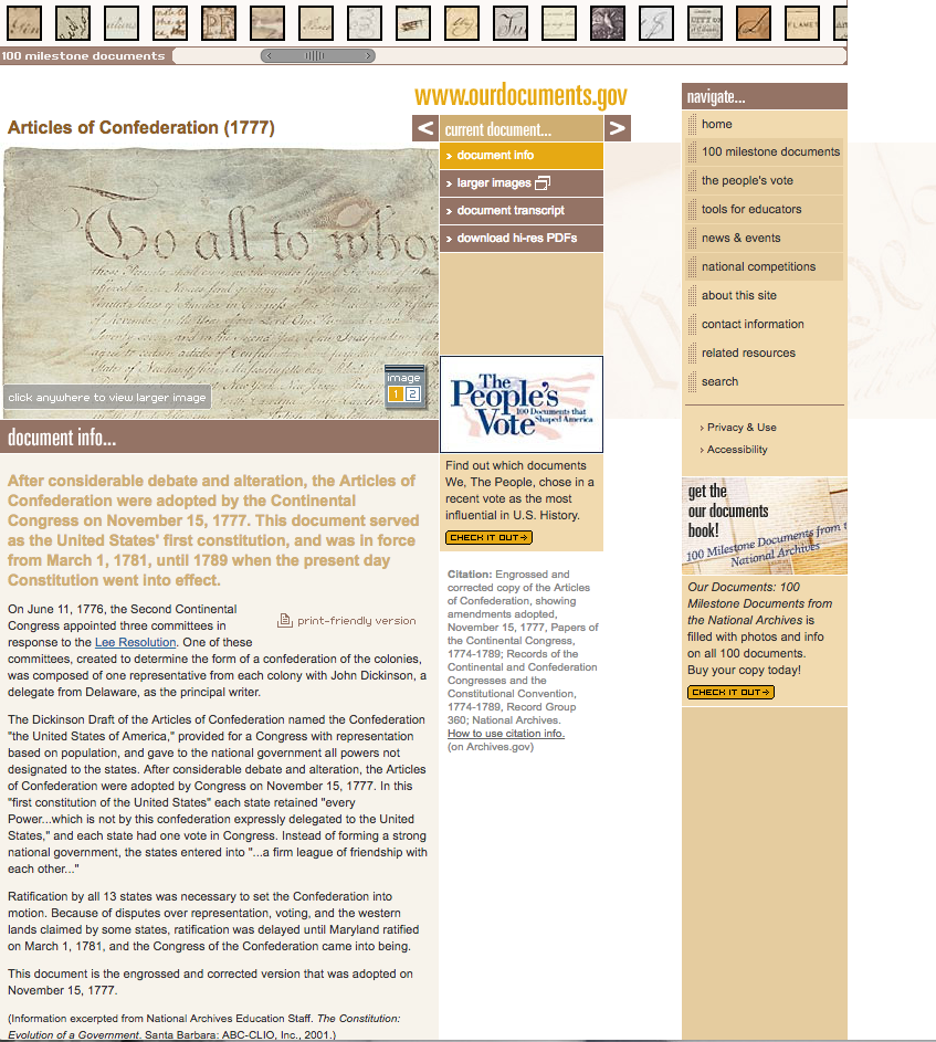 Articles of Confederation as displayed on "OurDocuments.gov"