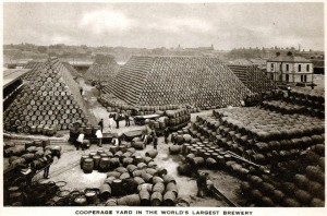 Thousands of barrels of Guinness stacked up in the St. James Gate brewery, Dublin