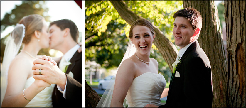 Gorgeous married couple laughs while being photographed at Muhlenberg College