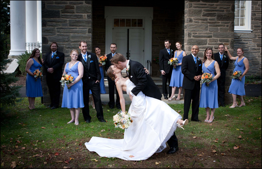 Presbyterian Church of Chestnut Hill portraits of a bridal party in blue