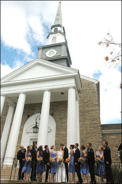 October Bridal party photographs outside the Presbyterian Church of Chestnut Hill