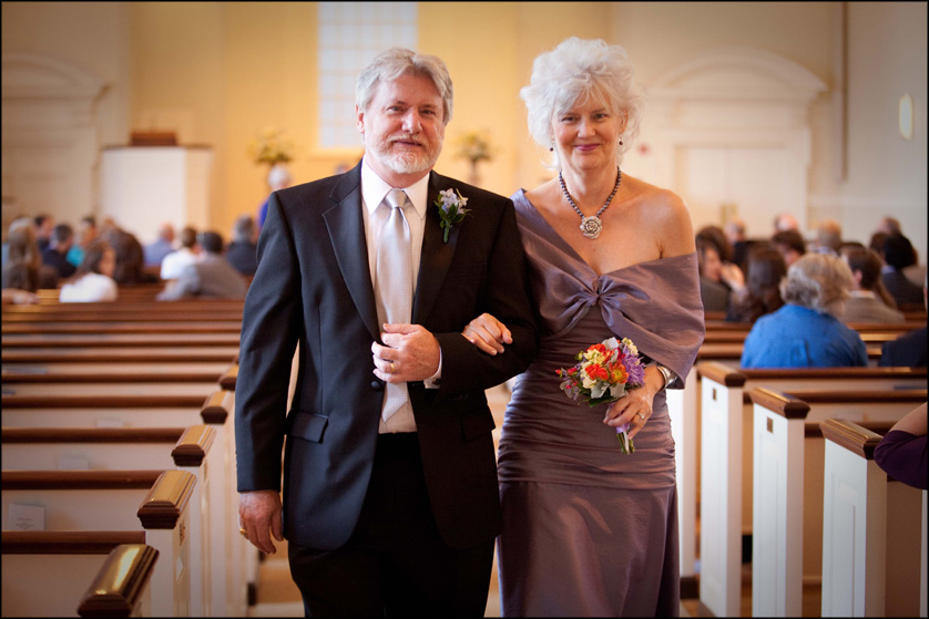 Groom's parents happily walk down the aisle at Presbyterian Church of Chestnut Hill