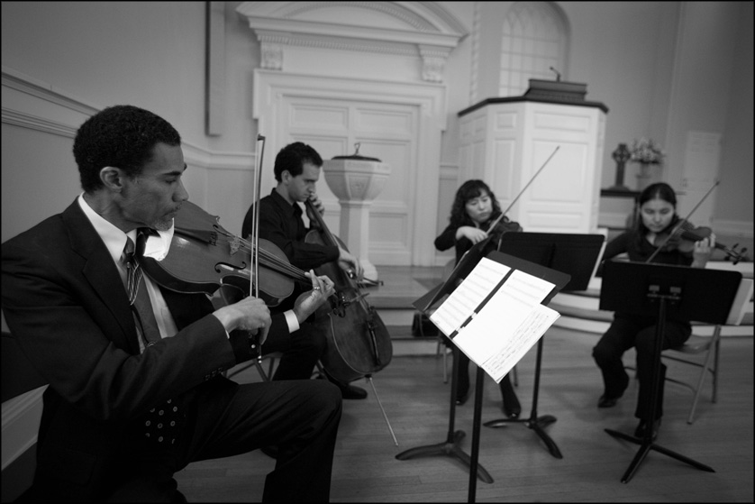 String quartet plays at Presbyterian Church of Chestnut Hill before wedding ceremony