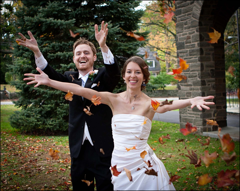 leaves falling on a wedding day at Chestnut Hill Presbyterian Church