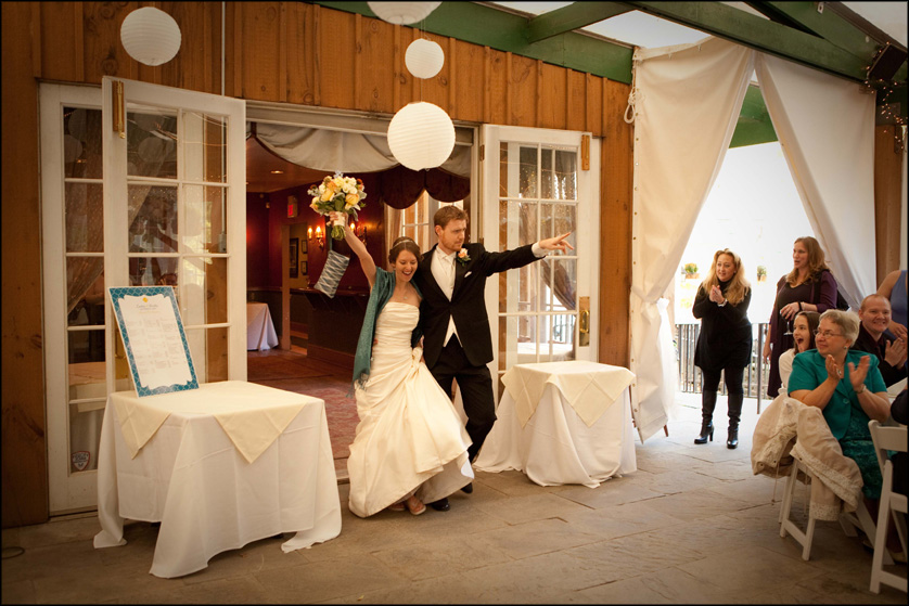 Happy bride and groom at reception in Fairmount park