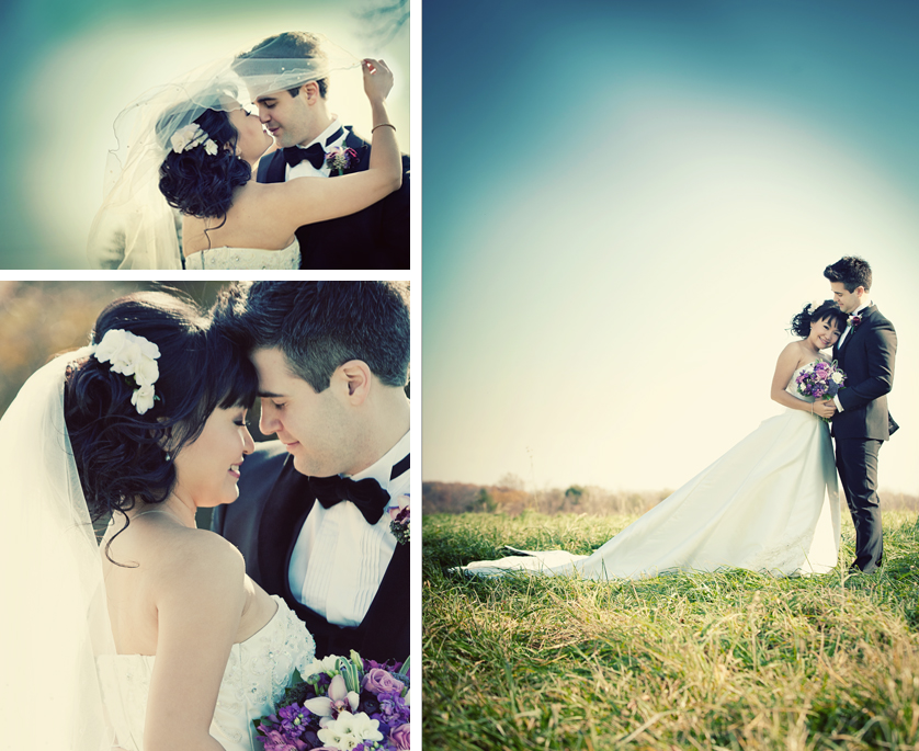 Portraits of Bride and Groom under a veil, close-up portrait with purple flowers, full-length portrait in wide-open grassy area in Yardley, PA