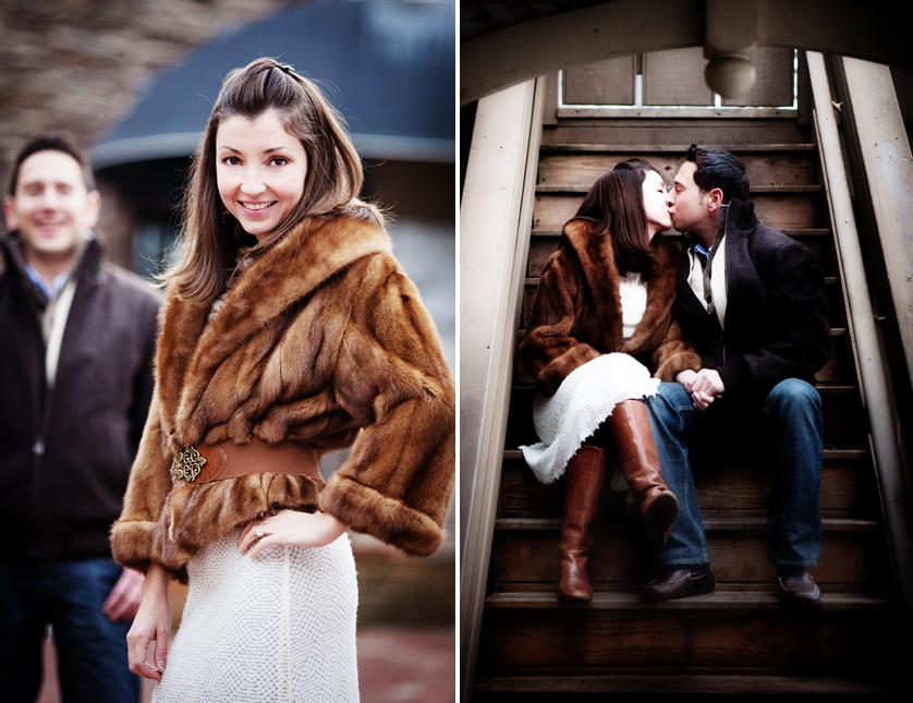 Engagement portraits in Vintage fur coat and boots in New Hope, PA