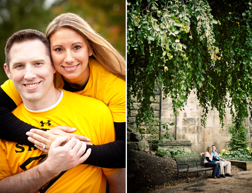 Engagement portrait with flag football jerseys and sitting on bench under big tree in Philadelphia, PA
