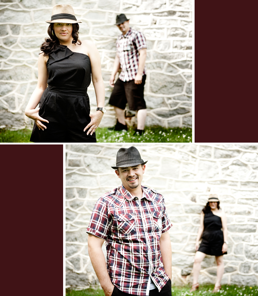 Alternating fashion portraits of woman and man by old stone wall in Bethlehem, PA