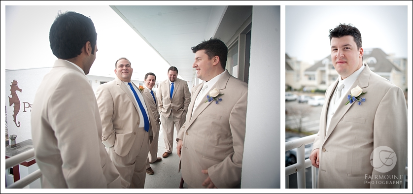 Groom in light gray suit, candid photo of groomsmen in tan suits and blue ties