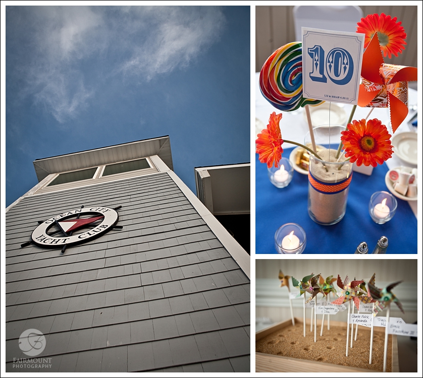 Ocean City Yacht Club, pinwheel placecards and carnival-theme table decoration details