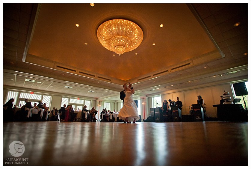Dance floor at Meadowlands Country Club with giant chandelier