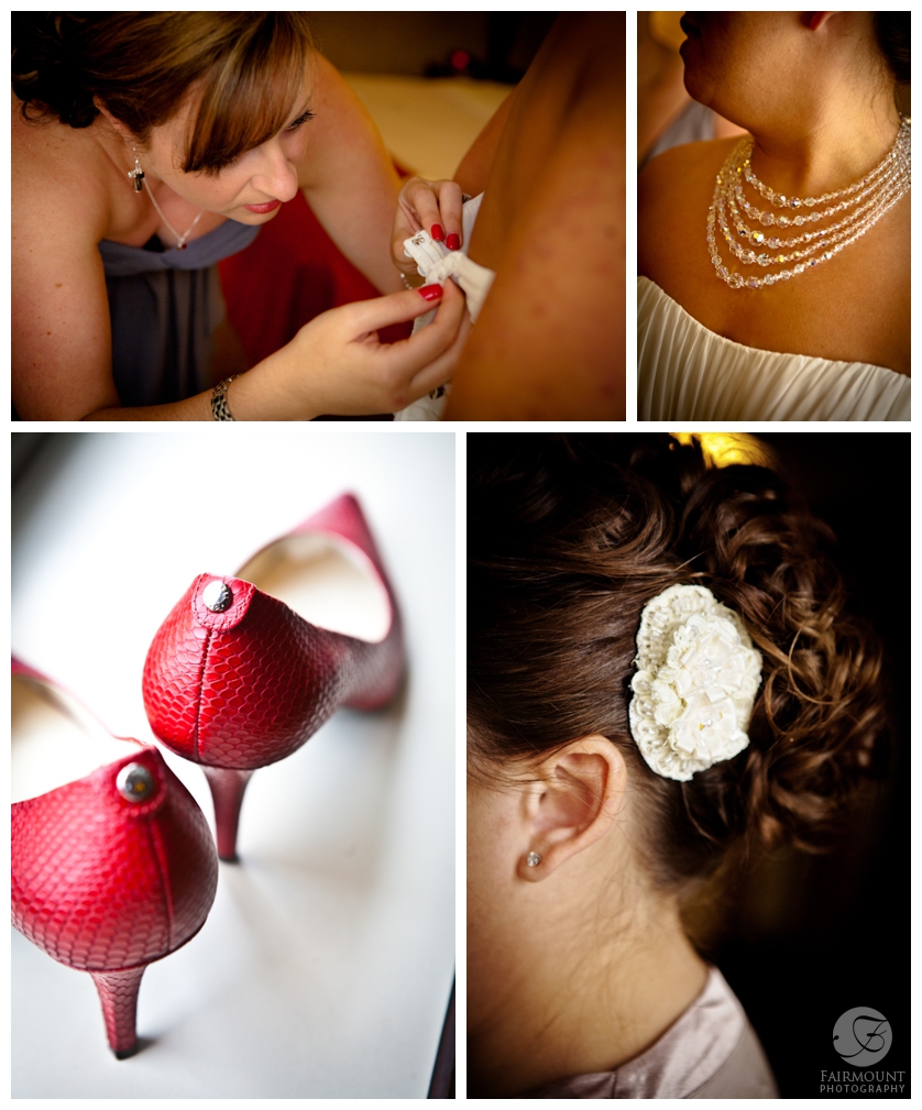 bridal details, red wedding shoes, antique crystal necklace, flower in bride's hair