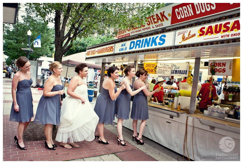 fun bridesmaids photo of bridesmaids in line for hot dogs