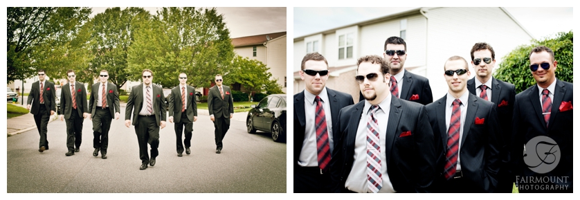groomsmen with sunglasses, walking down street