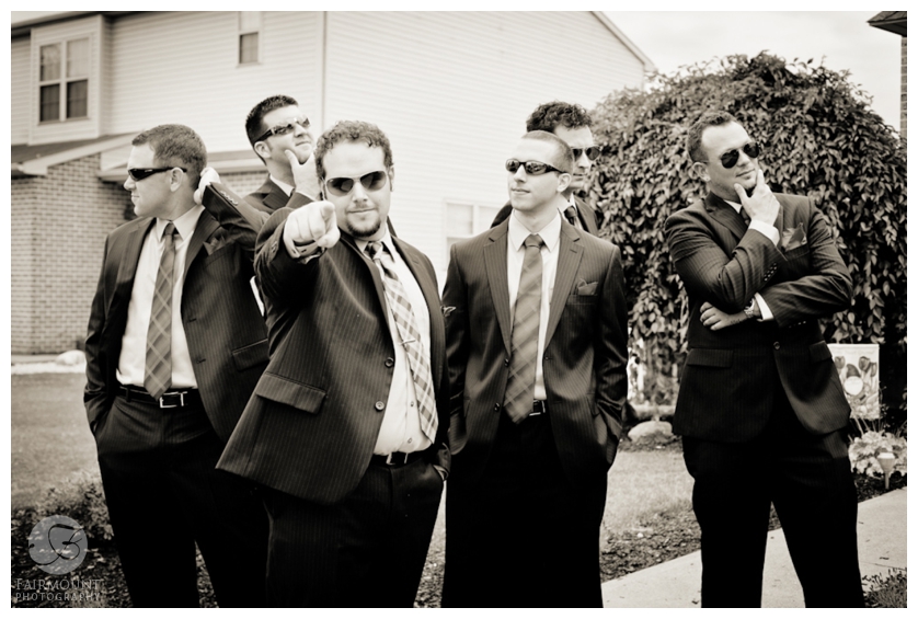 fun groomsmen photo, dramatic boy band photo