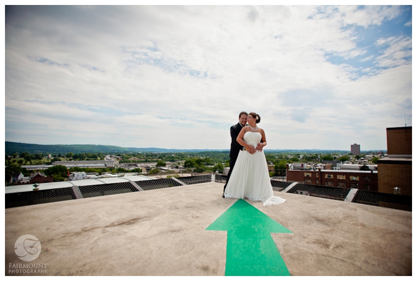 Bride & Groom on Butz Building with Lehigh Valley behind them