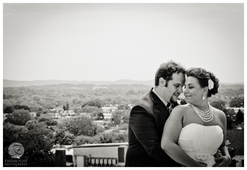 bride and groom with aerial view of Allentown, PA