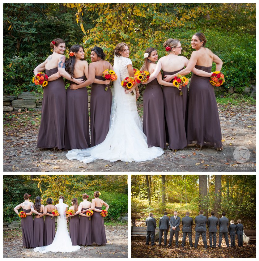 Bridesmaids show off purple dresses with fall-color bouquets