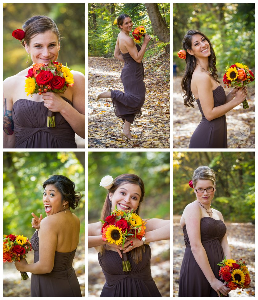 Plum bridesmaids dresses with yellow, red and orange bouquets