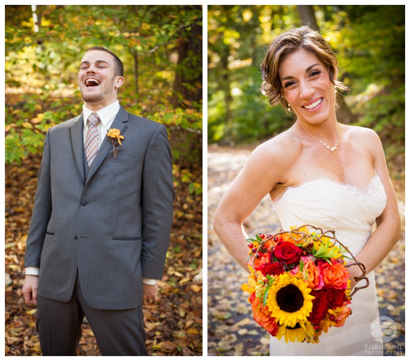 Groom laughing, bride with fall colors bouquet