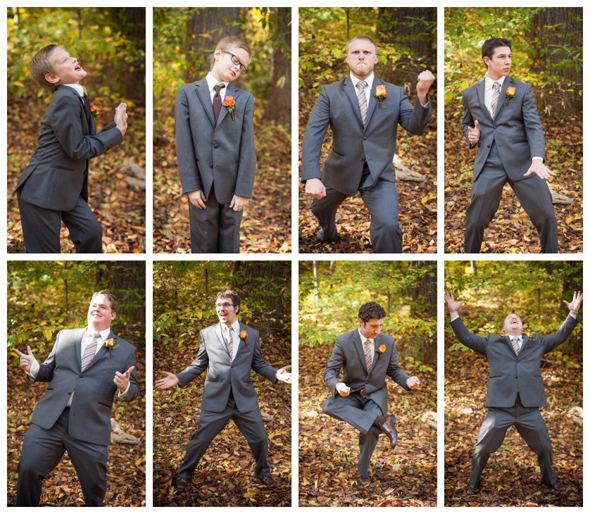 Groomsmen in gray suits with orange boutonnieres in goofy poses