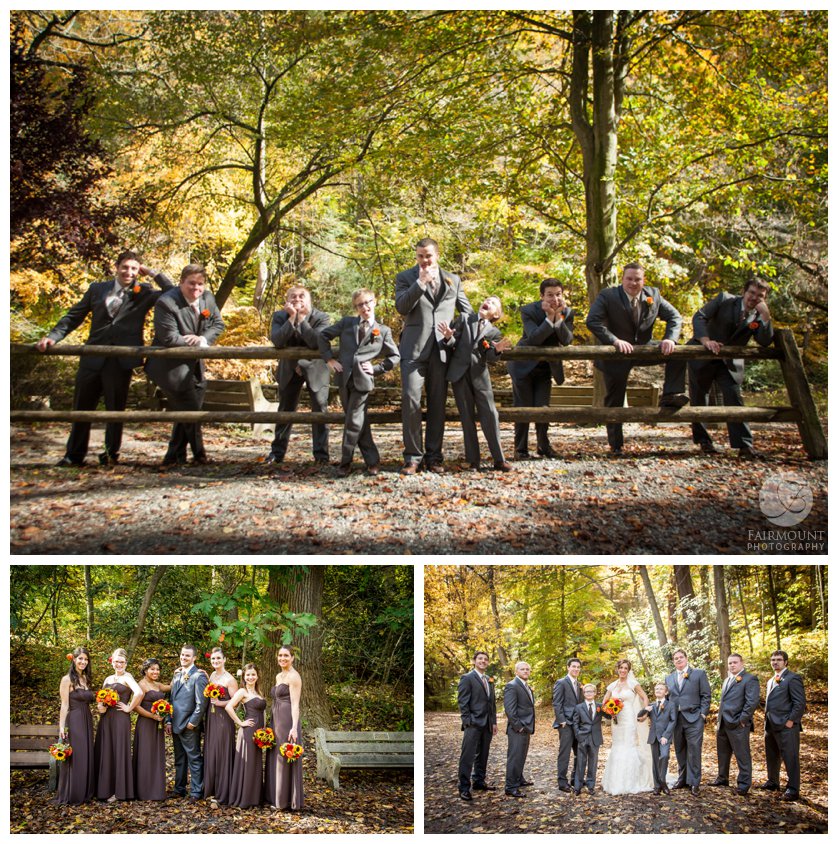 dramatic groomsmen on fence, groom with bridesmaids and bride with groomsmen
