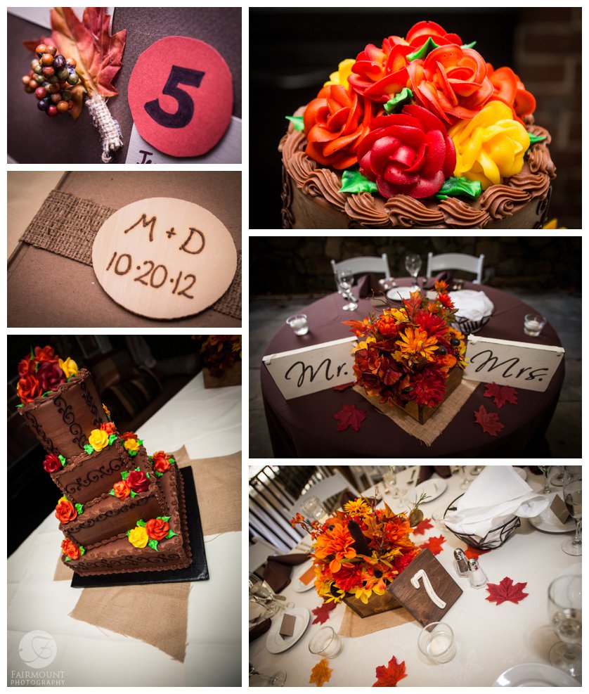 details from fall themed reception with red, yellow, orange and brown wedding colors including brown wedding cake