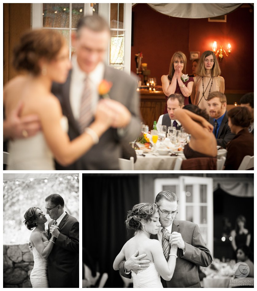 bride dances with her dad while mother looks on