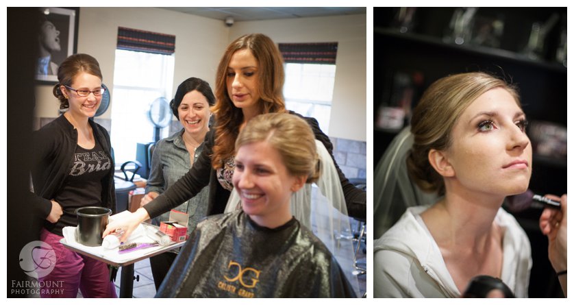 bridesmaids smile as bride gets hair and make-up done at Calista Grand Salon and Spa in Malvern, PA