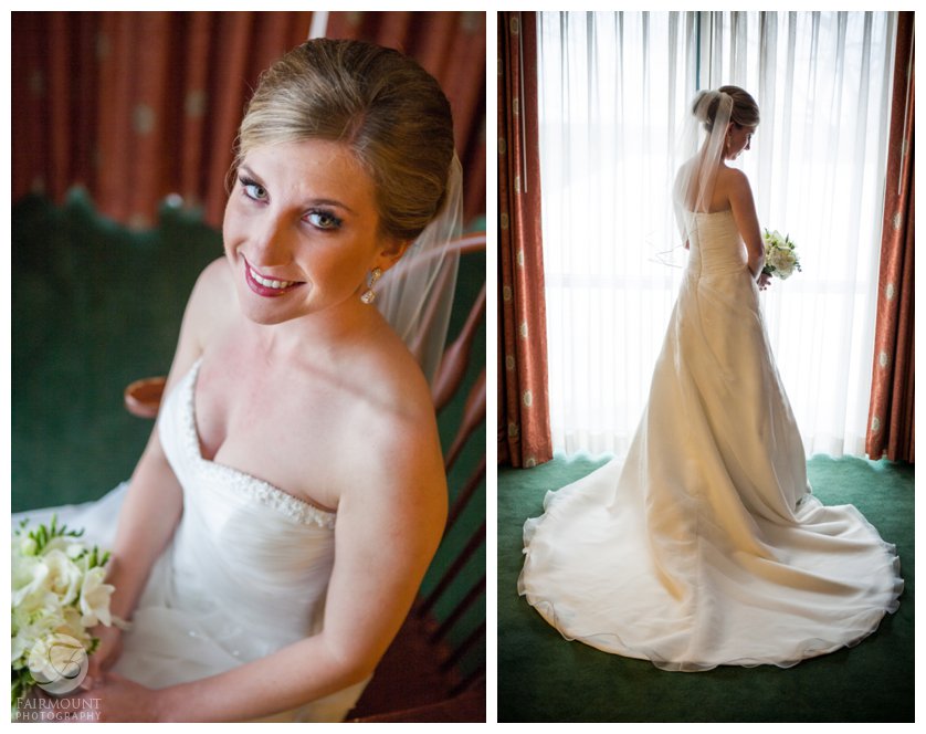 beautiful bride in A-line gown with chapel-length train