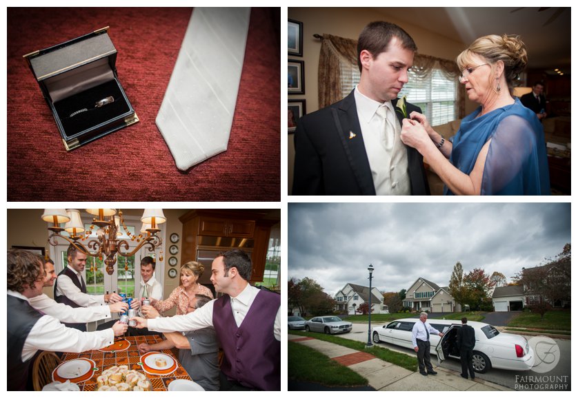 white tie and rings, groomsmen toast, groom's mother puts on boutonniere, groom gets into limo