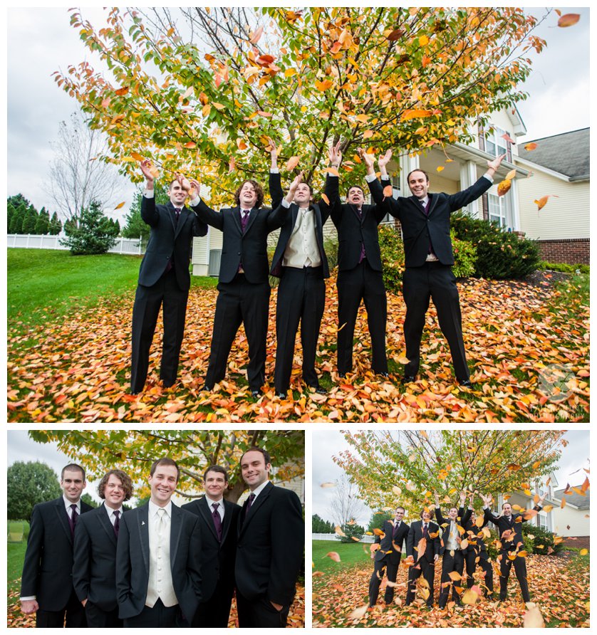 Groomsmen toss leaves in the air before late October wedding in Philadephia