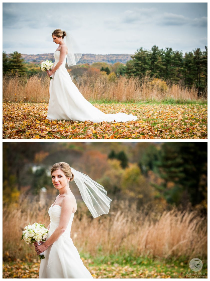 Profile portrait of bride during late October wedding at Valley Forge Park with leaves on ground and fall colors in background