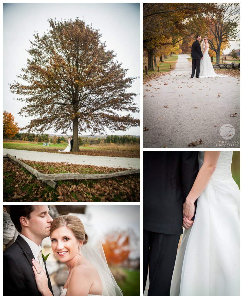 Bride and groom under tree with changing leaves and walking down path in fall at Pennsylvania park