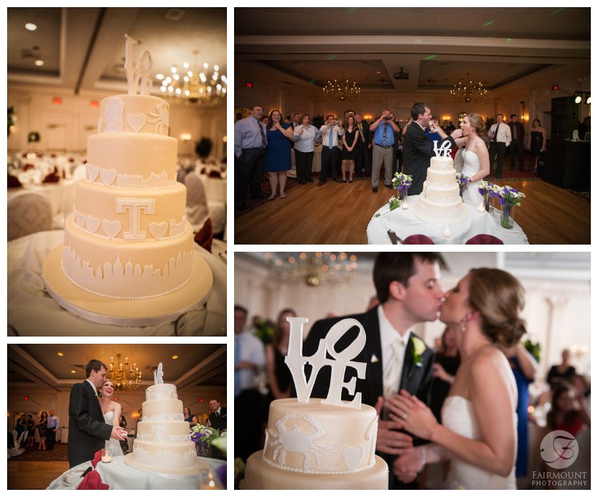 White wedding cake with Philadelphia details including LOVE statue, boathouse row, Philadelphia skyline, Philadelphia Museum of Art and Temple University logo