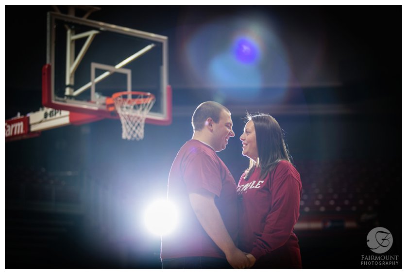 Temple basketball engagement photo at Liacouris Center in Philadelphia, PA