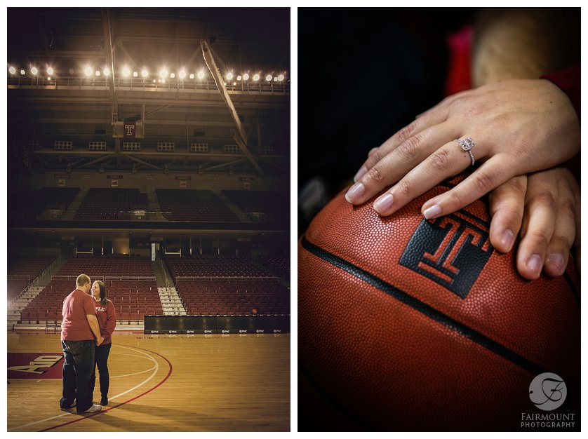 favorite college basketball team engagement photos and engagement ring with basketball