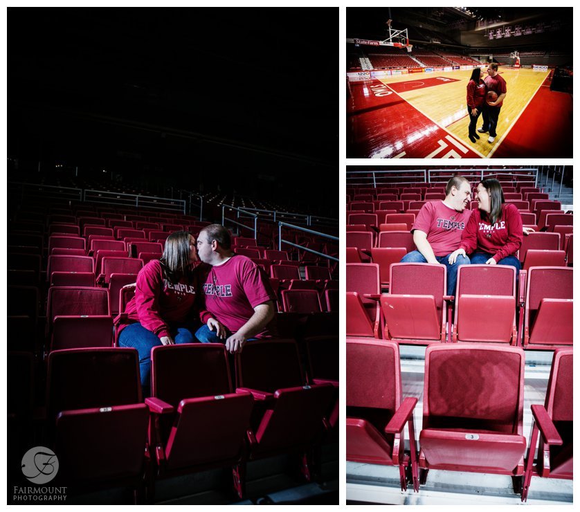 dramatic lighting kiss in stadium seats, engagement photo with basketball court of Philadelphia sports team