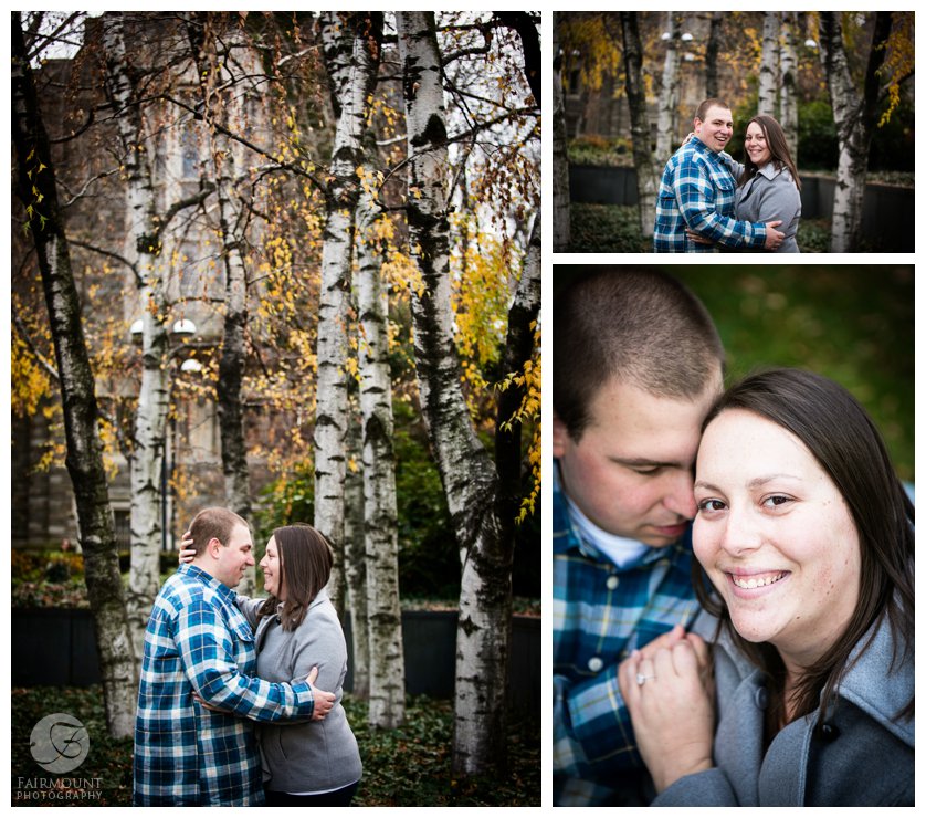 winter engagement portrait among white birch trees with yellow leaves
