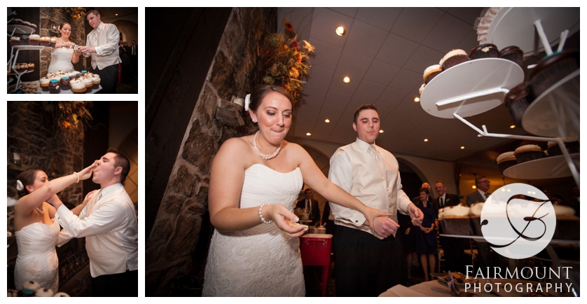 Bride and Groom smash cupcakes during wedding
