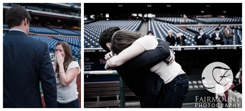 Girlfriend hugs boyfriend at Phillies stadium