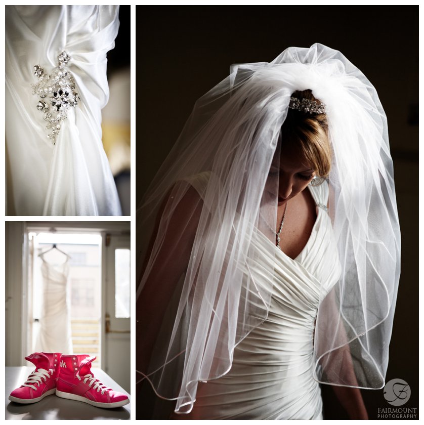 bride's pink sneakers with wedding gown, bride looking down with beautiful lighting on veil and dress