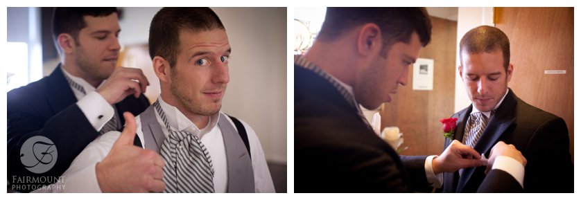 groom's brother helps him put on cravat and straighten pocket-square