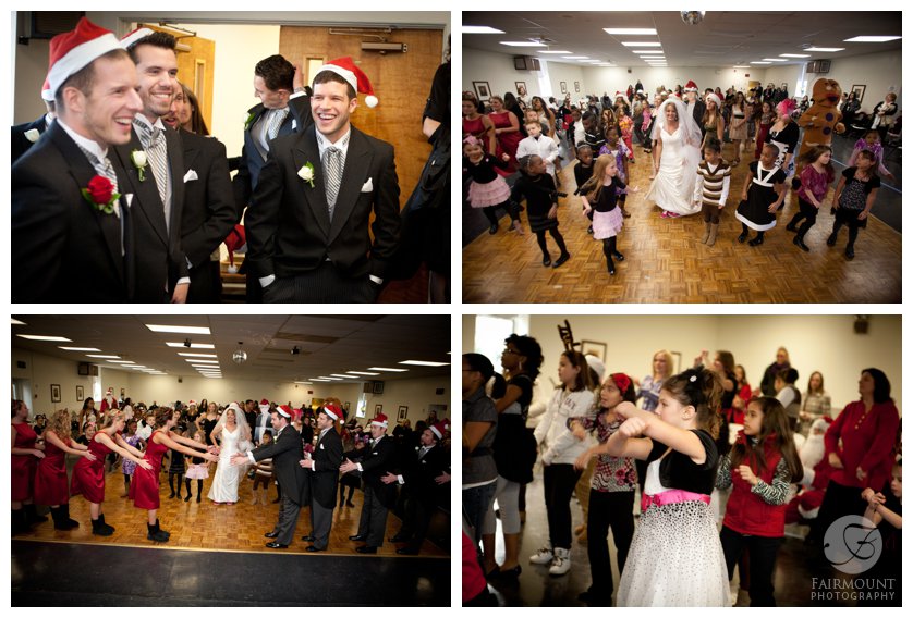 groomsmen in santa hats, holiday flash mob