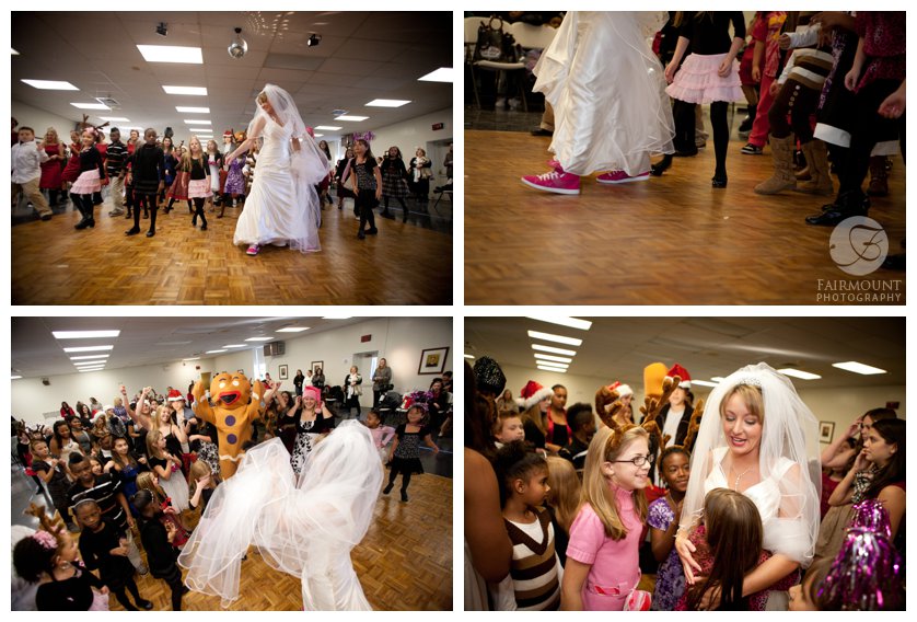 dance students gather around bride after holiday flash mob at her wedding