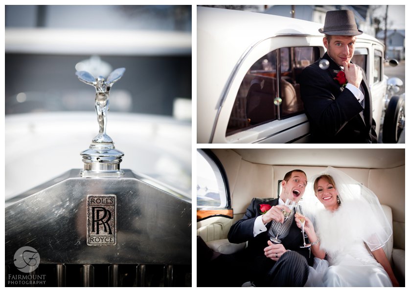 Groom looks dapper leaning against a white Rolls Royce, and inside the antique car bride & groom have a champagne toast