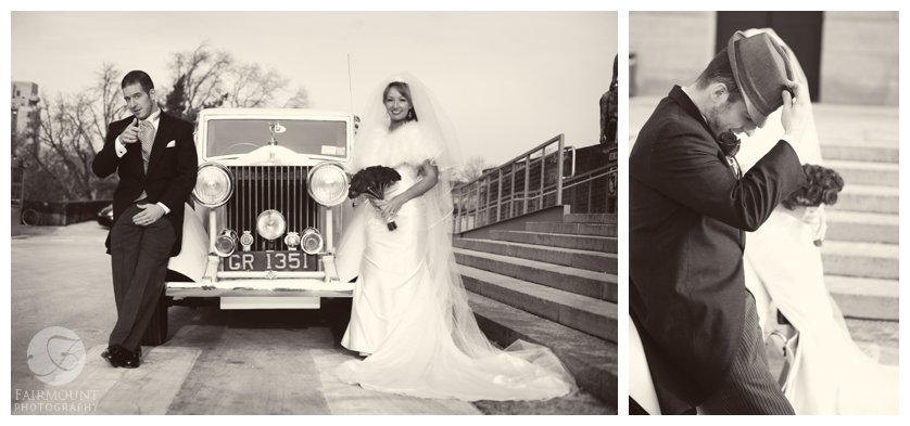 Bride & groom vintage wedding portraits with white Rolls Royce behind Philadelphia Museum of Art