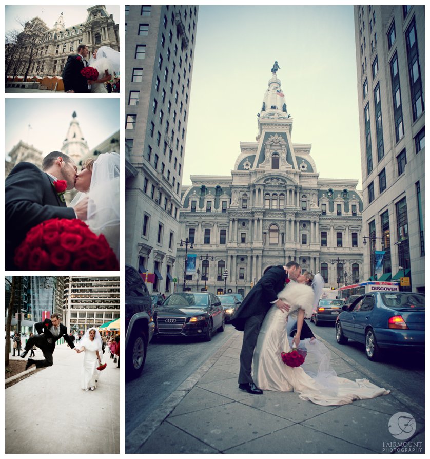 Bride and Groom kiss with Philadelphia City Hall in the background at December wedding